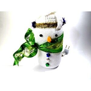 Handmade Sock over Jar Lighted Snowman w/ Green Ribbon Scarf Christmas Decor